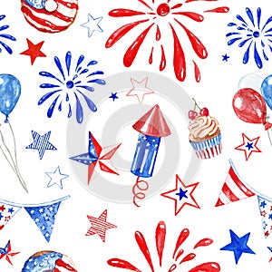 Festive 4th of July USA seamless pattern with watercolor red, white and blue balloons, fireworks, stars and snacks on white