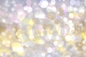 A festive abstract delicate Happy New Year or Christmas background texture with colorful gold yellow pink blurred bokeh lights and