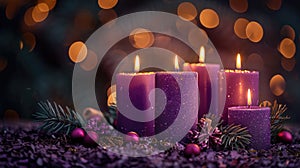 Festive Advent Display with Four Purple Candles, Fir Branches, and Bokeh Lights