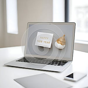 AI-Generated Laptop Screen Displaying \'Happy New Year\' Text and a Gold Christmas Ornament photo