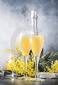 Festive alcohol cocktail mimosa with orange juice and cold dry champagne or sparkling wine in glasses, gray bar counter background