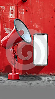 Festive announcement Red megaphone beside phone for Ramadan social sharing