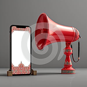 Festive announcement Red megaphone beside phone for Ramadan social sharing