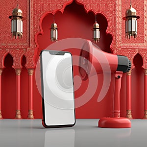 Festive announcement Red megaphone beside phone for Ramadan social sharing