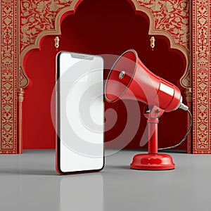 Festive announcement Red megaphone beside phone for Ramadan social sharing