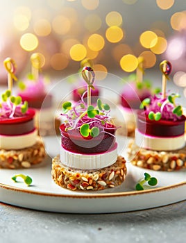 Festive appetizers from beetroot, cheese and multigrain bread on white plate