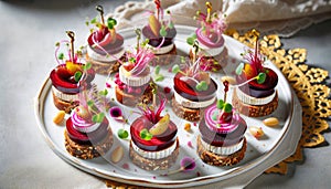 Festive appetizers from beetroot, cheese and multigrain bread on white plate