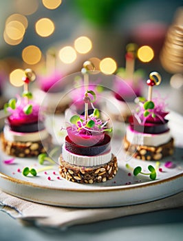 Festive appetizers from beetroot, cheese and multigrain bread on white plate