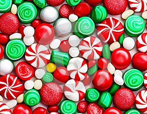 Festive array of round and star shaped candies with swirl patterns and solid colors, Generative AI