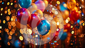 Festive atmosphere with colorful balloons and twinkling lights creating a joyful background for celebrations and parties