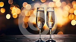 Festive atmosphere of New Year\'s parties, weddings or anniversaries. Two wine glasses for champagne with Sparkling drink