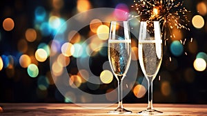 Festive atmosphere of New Year\'s parties, weddings. Two wine glasses for champagne with Sparkling drink, with