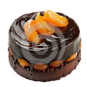 Festive Austrian sachertorte, garnished with apricot glaze and dark chocolate, showcased against a pristine white photo