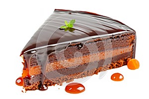 Festive Austrian sachertorte, garnished with apricot glaze and dark chocolate, showcased against a pristine white photo