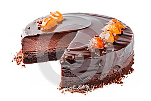 Festive Austrian sachertorte, garnished with apricot glaze and dark chocolate, showcased against a pristine white photo