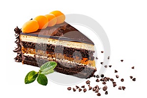 Festive Austrian sachertorte, garnished with apricot glaze and dark chocolate, showcased against a pristine white photo
