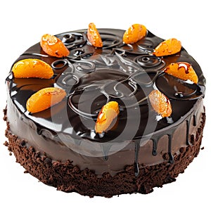 Festive Austrian sachertorte, garnished with apricot glaze and dark chocolate, showcased against a pristine white photo