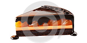 Festive Austrian sachertorte, garnished with apricot glaze and dark chocolate, showcased against a pristine white photo