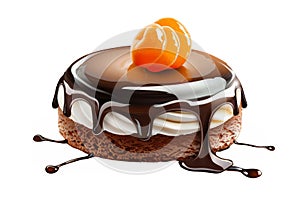 Festive Austrian sachertorte, garnished with apricot glaze and dark chocolate, showcased against a pristine white photo