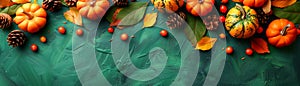 Festive Autumn Border with Pumpkins, Pine Cones, and Berries on a Green Textured Background Seasonal Thanksgiving and Halloween