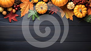 Festive autumn decor from pumpkins, berries and leaves on adark wooden background. Concept of Thanksgiving day or Halloween. Flat