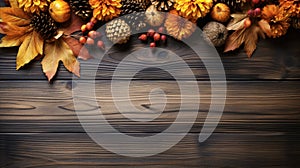 Festive autumn decor from pumpkins, berries and leaves on adark wooden background. Concept of Thanksgiving day or Halloween. Flat