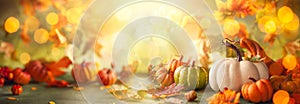 Festive autumn decor from pumpkins, berries and leaves. Concept of Thanksgiving day or Halloween with copy space photo