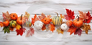 Festive autumn decorations of pumpkins, berries and leaves on a white wooden background. Thanksgiving or Halloween day concept.