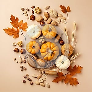 Festive autumn and Happy Thanksgiving decor from pumpkins, berries and leaves. Ai Generated