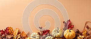 Festive autumn and Happy Thanksgiving decor from pumpkins, berries and leaves. Ai Generated