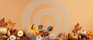 Festive autumn and Happy Thanksgiving decor from pumpkins, berries and leaves. Ai Generated