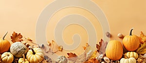 Festive autumn and Happy Thanksgiving decor from pumpkins, berries and leaves. Ai Generated