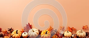 Festive autumn and Happy Thanksgiving decor from pumpkins, berries and leaves. Ai Generated