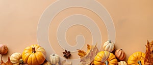 Festive autumn and Happy Thanksgiving decor from pumpkins, berries and leaves. Ai Generated