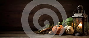 Festive autumn and Happy Thanksgiving decor from pumpkins, berries and leaves. Ai Generated
