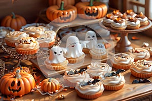 Festive Autumn Table Setting with Halloween Decorations, Pumpkin Treats, and Spooky Ghost Figurines for Holiday Celebration