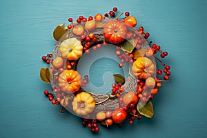 Festive autumn wreath from yellow pumpkins, fall leaves and red berries on textured blue wall. Farmhouse home decor