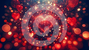 Festive background with blurry hearts, bokeh lights, sparkle effect glowing heart in the center