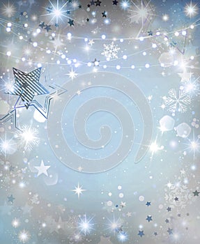 Festive background with bokeh lights, Snowflakes and fireworks for banner design