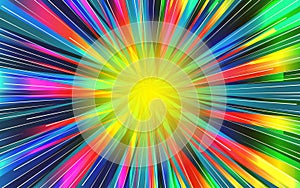 Festive background of bright colorful speed lines. Radial rays from center of frame with effect explosion