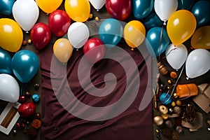 Festive background with colorful balloons, gifts and confetti. Top view with copy space