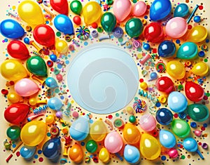 Festive background with colorful balloons and shiny confetti