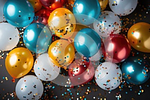 Festive background with colorful balloons and shiny confetti