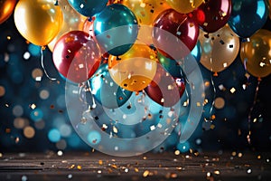 Festive background with colorful balloons and shiny confetti