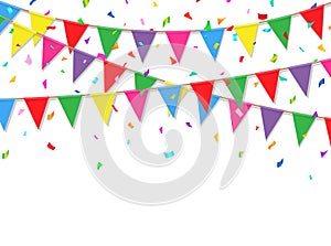 Festive background with colorful confetti and flags. Party banner. Vector illustration