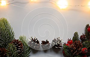 Festive background composition with snow covered red holly berries  fir tree branches and cones on white background