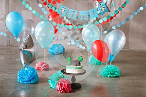 Festive background decoration for baby birthday celebration with gourmet cake smash first year concept