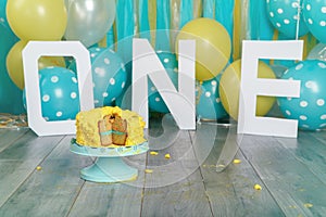 Festive background decoration for birthday celebration with yellow cake