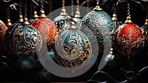 Festive background of elegant Christmas balls. Premium Christmas decorations. AI generating