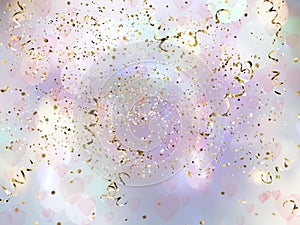 Festive background with golden elements, hearts symbol blurred light ,  flowers petal copy space template pink yellow blue colorfu